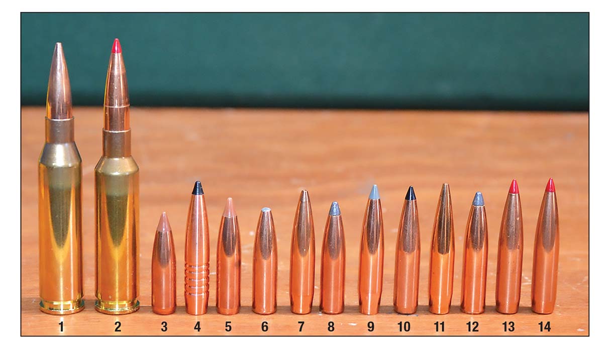 Bullets shot for this report in the (1) 260 Remington and (2) 6.5 Creedmoor are: (3) 100 Nosler Ballistic Tip, (4) 125 Lehigh Defense TME, (5) 120 Nosler Ballistic Tip, (6) 120 Swift A-Frame, (7) 123 Lapua Scenar HPBT, (8) 125 Nosler Partition, (9) 129 Nosler AccuBond LR, (10) 130 Swift Scirocco II, (11) 140 Berger ELD Hunting, (12) 140 Nosler Partition, (13) 143 Hornady ELD-X and (14) 147 Hornady ELD-M.